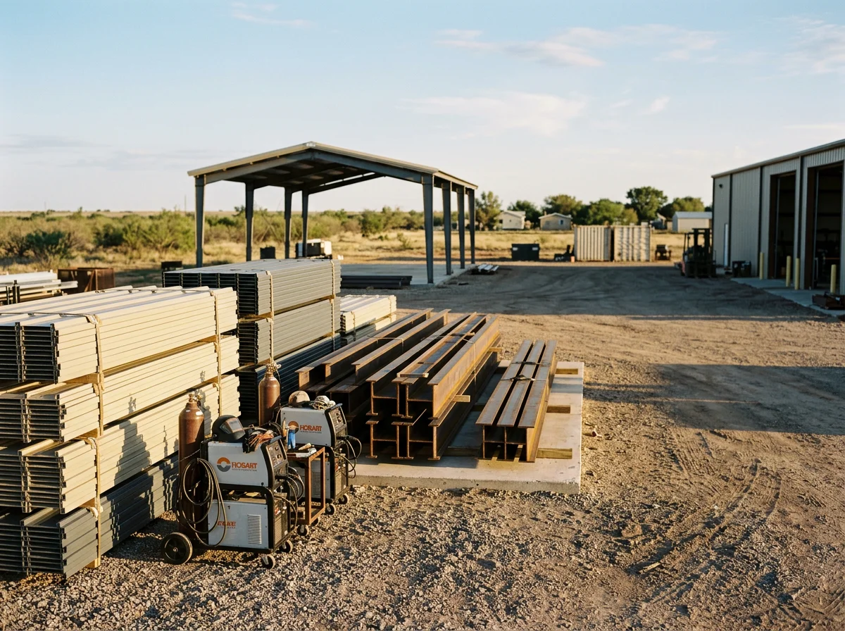 Construction site or completed metal building project showcasing outdoor living space or pool installation.