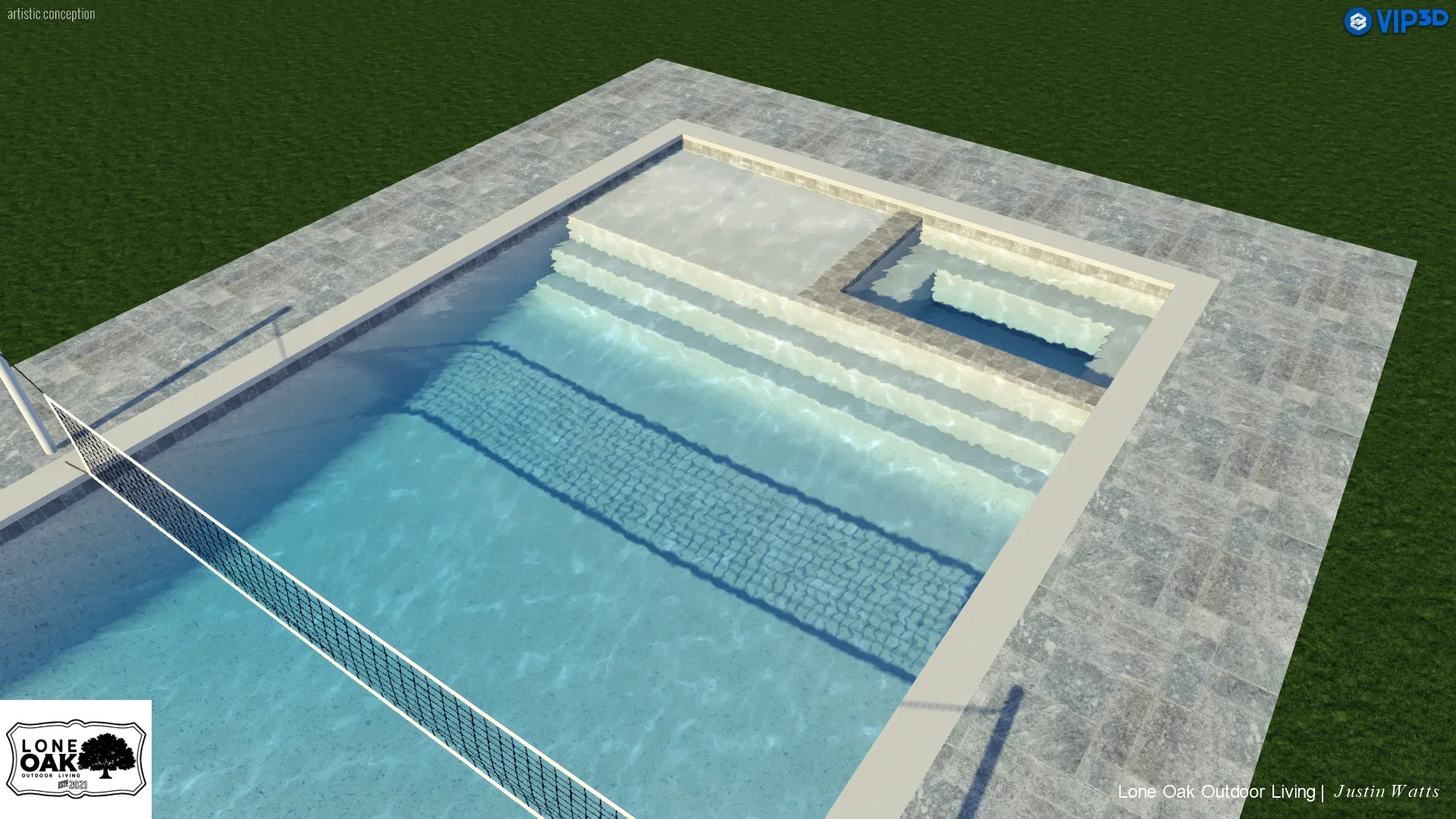 In-ground pool with tile interior, concrete decking, and safety fencing