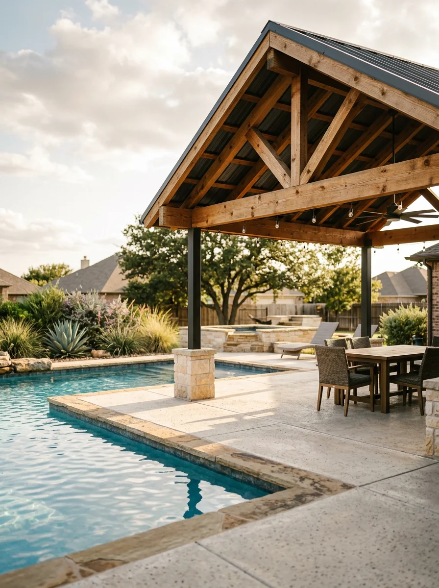 A covered outdoor living space with a metal roof and a pool on a south Abilene property, photographed in late afternoon light.