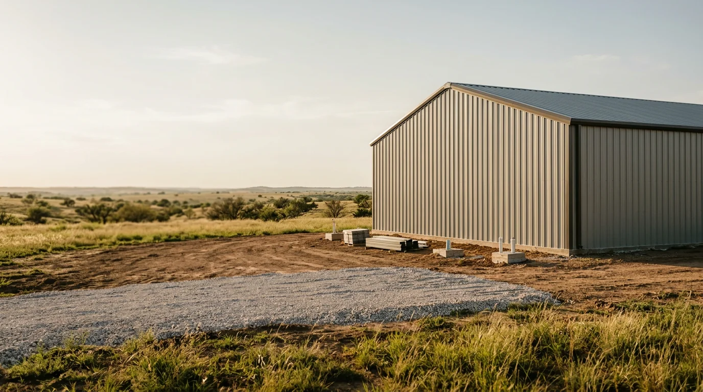 A steel-frame metal building with a gable roof on a large residential lot in Abilene, Texas, with West Texas rolling plains visible in the background.