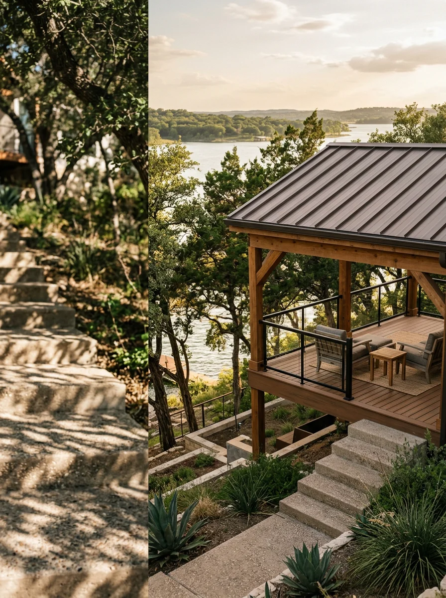 A covered outdoor living space and pool on a sloped Lake Brownwood property, with a metal roof and a stepped concrete deck following the hillside grade.