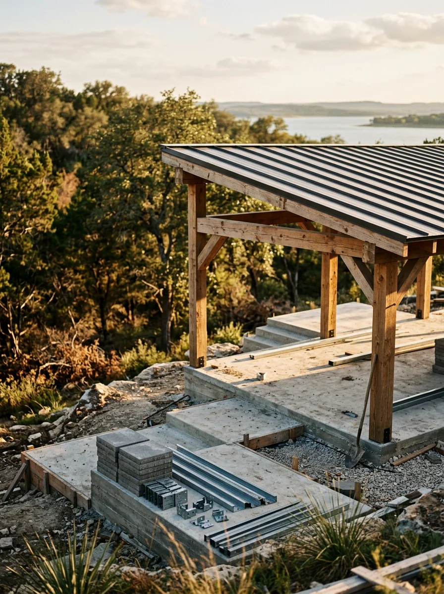 A covered outdoor living space on a sloped property near Lake Cisco, Texas, with a metal roof and a concrete deck stepped to follow the terrain.