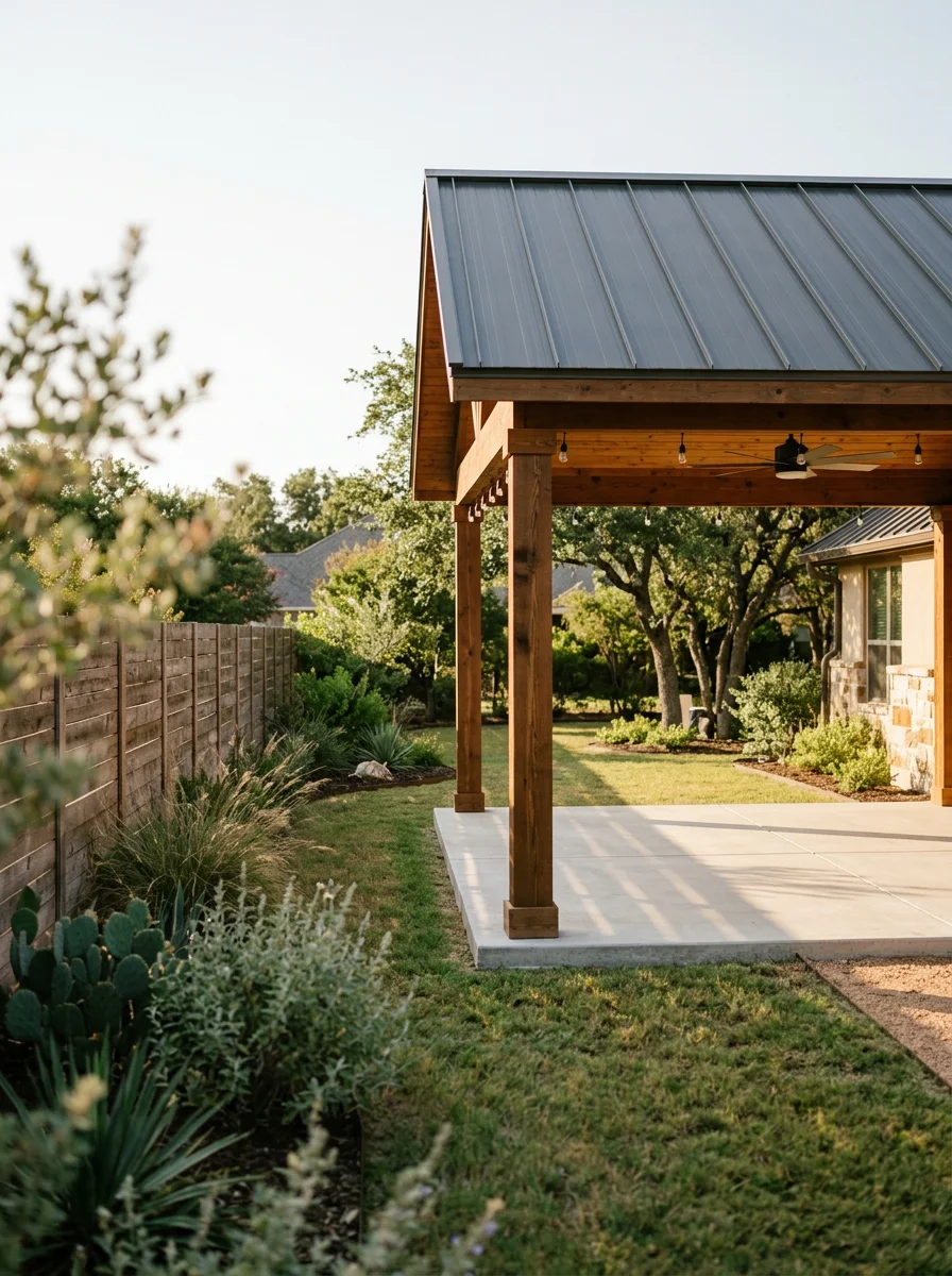 A covered outdoor living patio with a metal roof on a residential lot in the Kingwood Estates area of Clyde, Texas, with a concrete slab and open backyard.