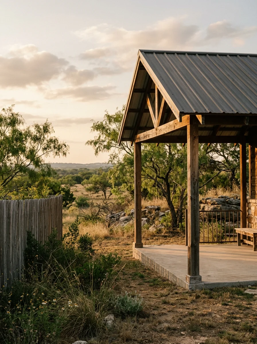 A covered outdoor patio with a metal roof and a pool on a residential property in Coleman, Texas, surrounded by native Texas landscape.