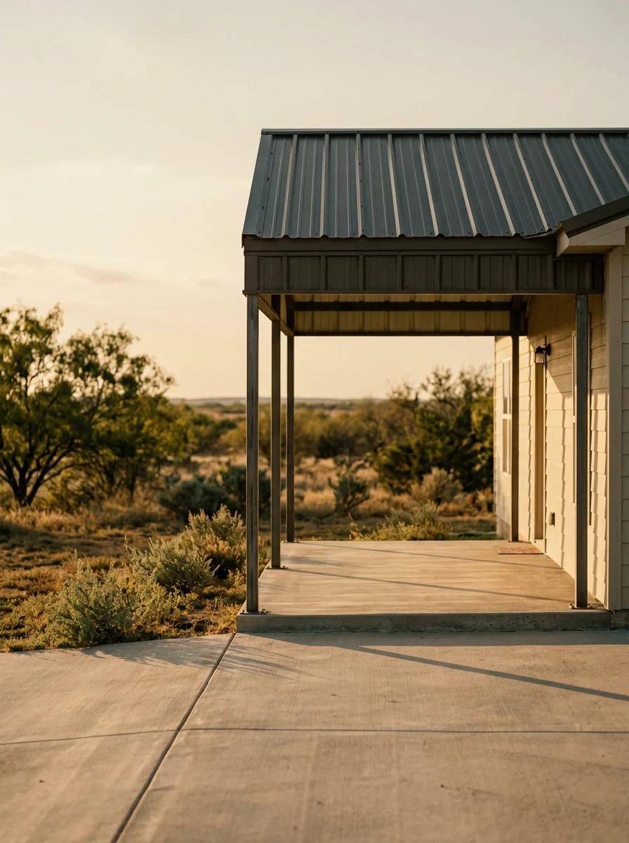 A covered concrete patio with a metal roof added to the back of a ranch-style home in Merkel, Texas, with a West Texas landscape visible beyond the property.