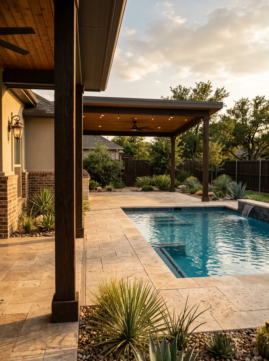 A backyard pool and covered outdoor living space on a residential property in the Bentwood area of San Angelo, Texas.