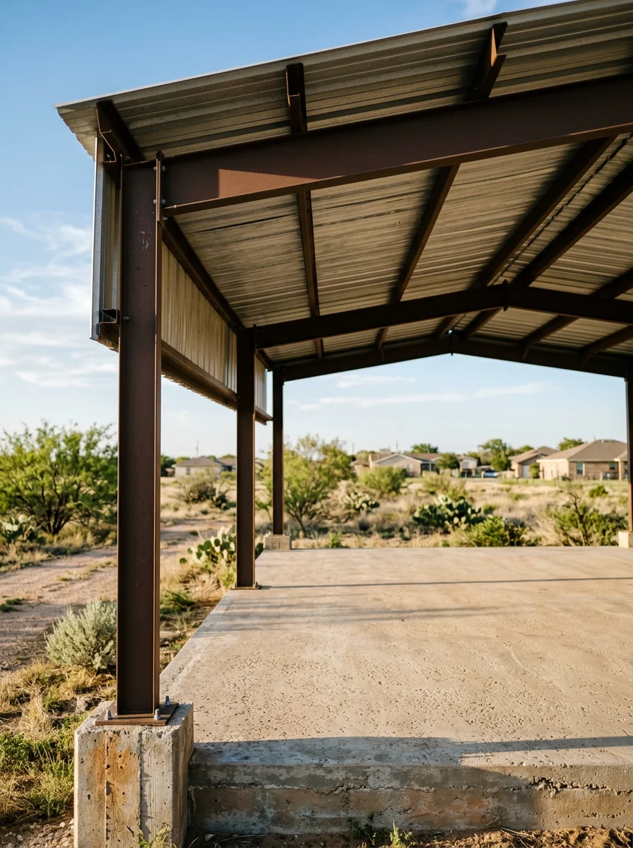 A covered outdoor living patio with a metal roof on a Sweetwater, Texas residential property, designed to handle West Texas wind and summer heat.