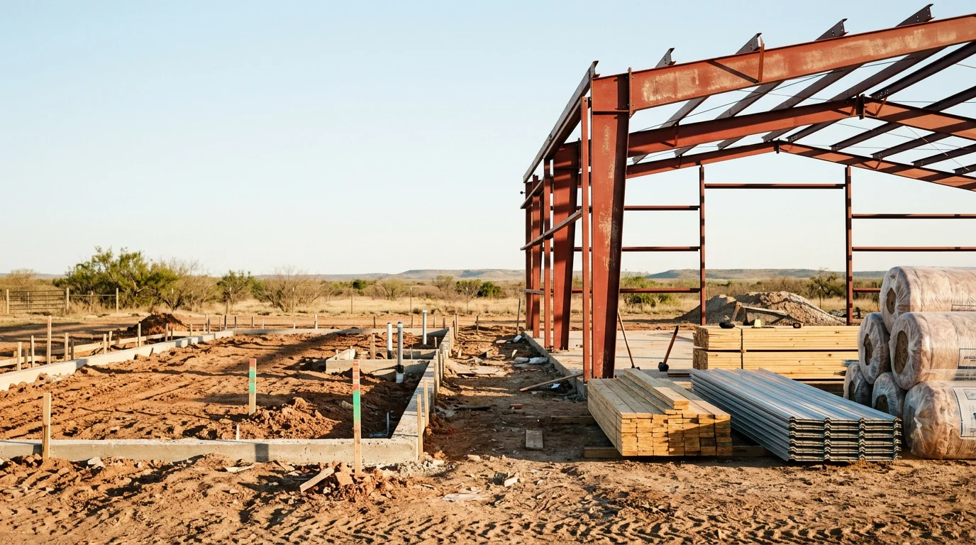 A finished custom barndominium on a rural West Texas property near Abilene, showing a steel-framed exterior with a covered porch and open land in the background. The structure combines a living area and an attached workshop bay under one roofline.