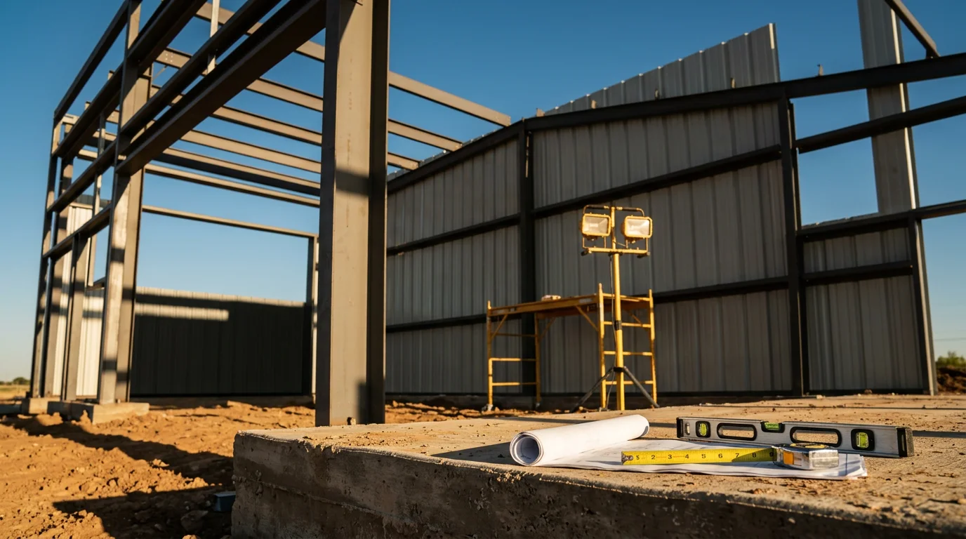 A completed commercial metal building with a large open bay door on a flat West Texas lot near Abilene, TX. The steel structure features a standing-seam roof and wide clear-span interior suited for warehouse or workshop use.
