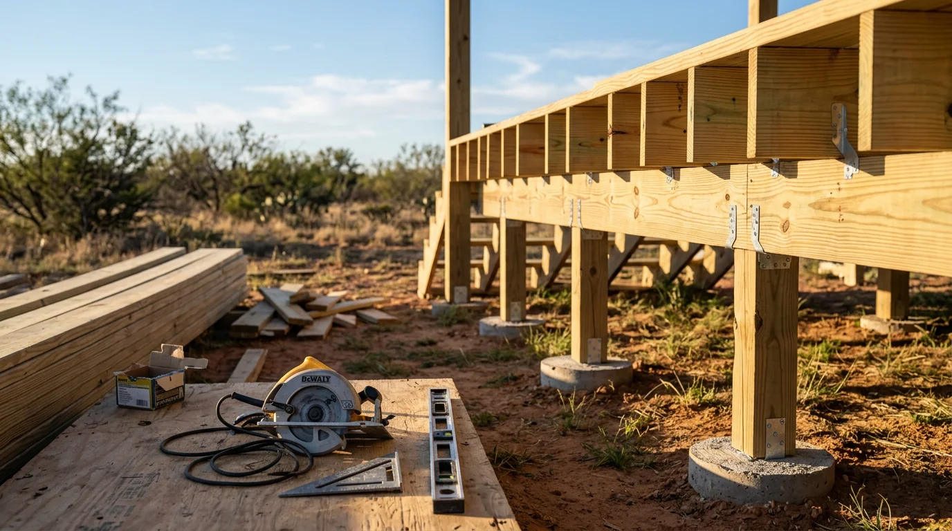 A newly constructed wood deck attached to the back of a single-story home in Abilene, TX, with open yard space visible beyond the railing. The deck includes a stair section leading down to grade level.