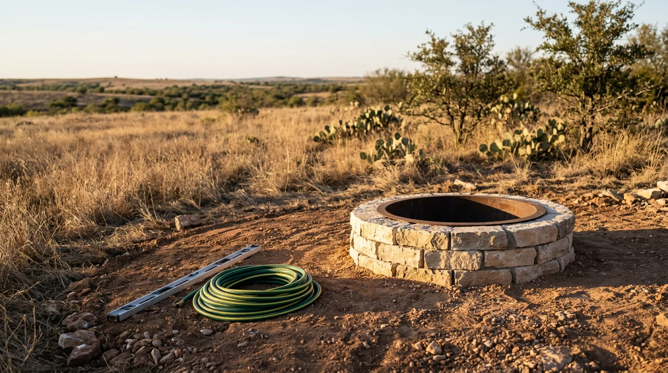 A custom built-in fire pit installed in a residential backyard in Abilene, TX, surrounded by open seating and a clear West Texas sky. The fire pit serves as the central feature of an outdoor living space with a natural stone surround.
