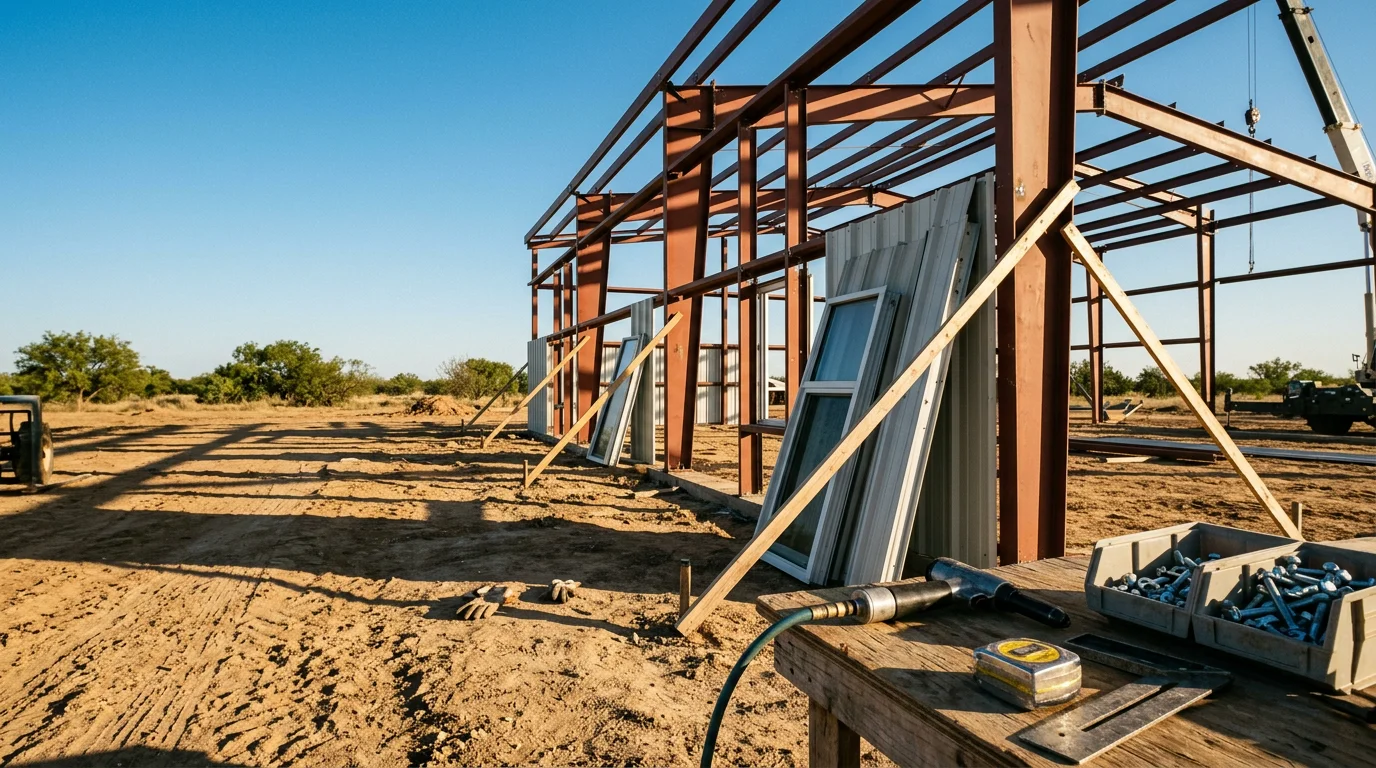 A completed custom metal building on a West Texas rural property near Abilene, TX, featuring a steel exterior and wide entry doors suited for equipment or storage use. The structure sits on a prepared concrete pad under a clear West Texas sky.