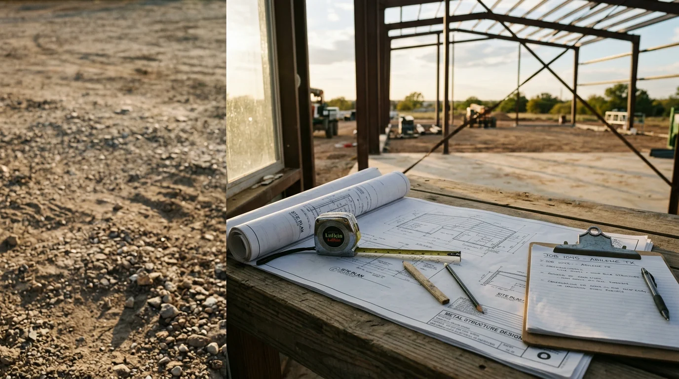 A Pearl River Construction team member reviewing a metal building layout plan with a property owner at a West Texas site near Abilene, TX. The open land in the background reflects the rural and semi-rural properties common across the Abilene service area.