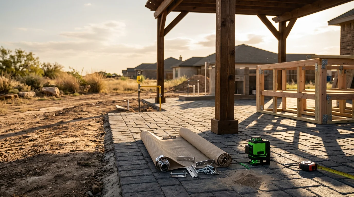A custom outdoor living space designed by Pearl River Construction in Abilene, TX, featuring a shaded seating area and defined entertaining zones in a West Texas backyard setting.