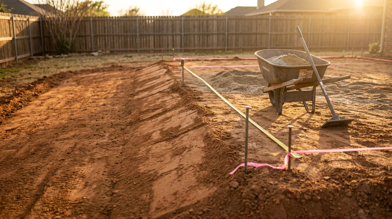 A finished backyard patio installation in Abilene, TX, showing a flat, clean surface with defined edges and open space ready for outdoor furniture. The patio sits against a residential home in a West Texas neighborhood with a clear sky overhead.