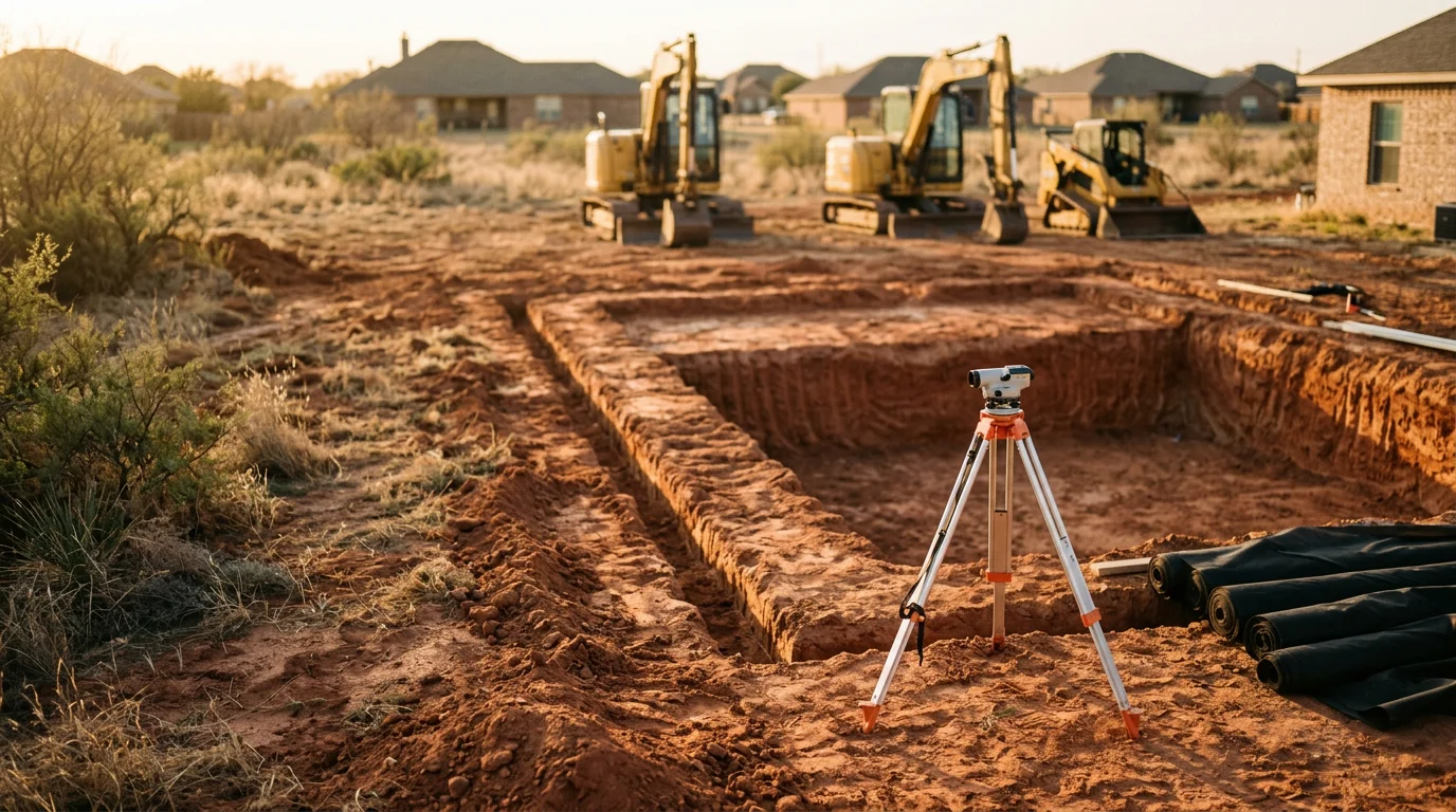 A newly constructed in-ground pool in a residential backyard in Abilene, TX, with a concrete surround and open yard space typical of West Texas properties. The pool is finished and ready for use, set against a clear sky.