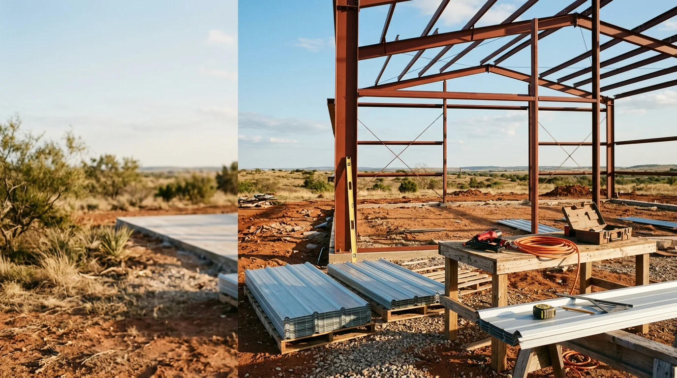 A finished residential metal building on a West Texas property near Abilene, TX, with a clear-span interior and steel exterior walls. The structure sits on a prepared concrete pad with open land visible in the background.